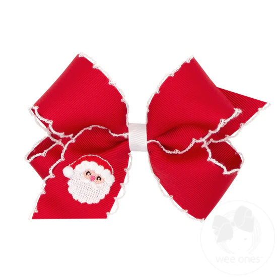 Holiday Hair Bow with Moonstitch Edge - Red Santa Claus Embroidery