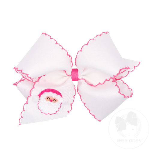 Holiday Hair Bow with Moonstitch Edge - Pink Santa Claus Embroidery