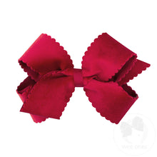 Load image into Gallery viewer, Medium Grosgrain Hair Bow with Scalloped Edge Faux Velvet Overlay - Cranberry