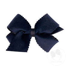 Load image into Gallery viewer, Medium Grosgrain Hair Bow with Scalloped Edge Faux Velvet Overlay - Navy