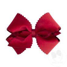 Load image into Gallery viewer, Small King Grosgrain Hair Bow with Scalloped Edge Faux Velvet Overlay - Cranberry