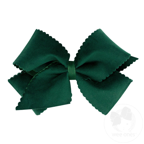 Small King Grosgrain Hair Bow with Scalloped Edge Faux Velvet Overlay - Forest Green