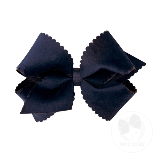 Small King Grosgrain Hair Bow with Scalloped Edge Faux Velvet Overlay - Navy