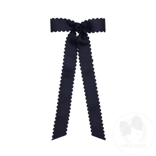 Mini Scalloped Edge Grosgrain Bow with Streamer Tails - Navy