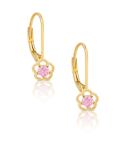 Flower CZ Drop Earrings in 18K Gold over Sterling Silver - Pink