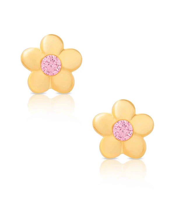 Flower CZ Stud Earrings in 18K Gold over Sterling Silver - Pink