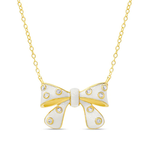 Bow Necklace with CZ - White