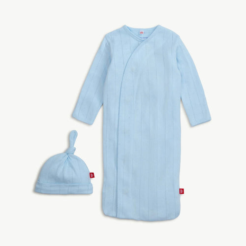 Organic Cotton Pointelle Magnetic Gown + Hat Set - Love lines Blue