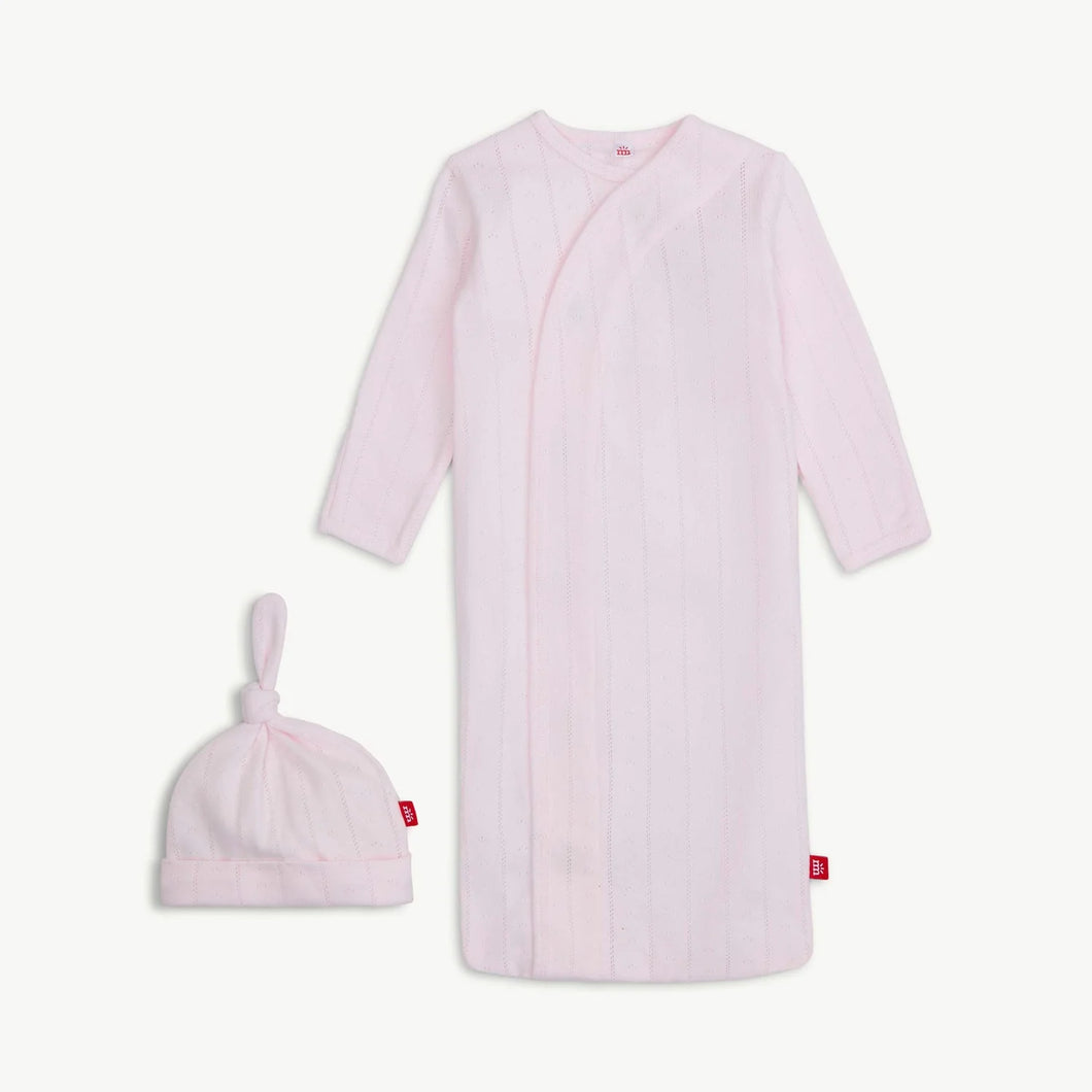 Organic Cotton Pointelle Magnetic Gown + Hat Set - Love lines Pink