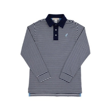 Long Sleeve Prim & Proper Polo - Nantucket Navy Stripe with Beale Street Blue Stork